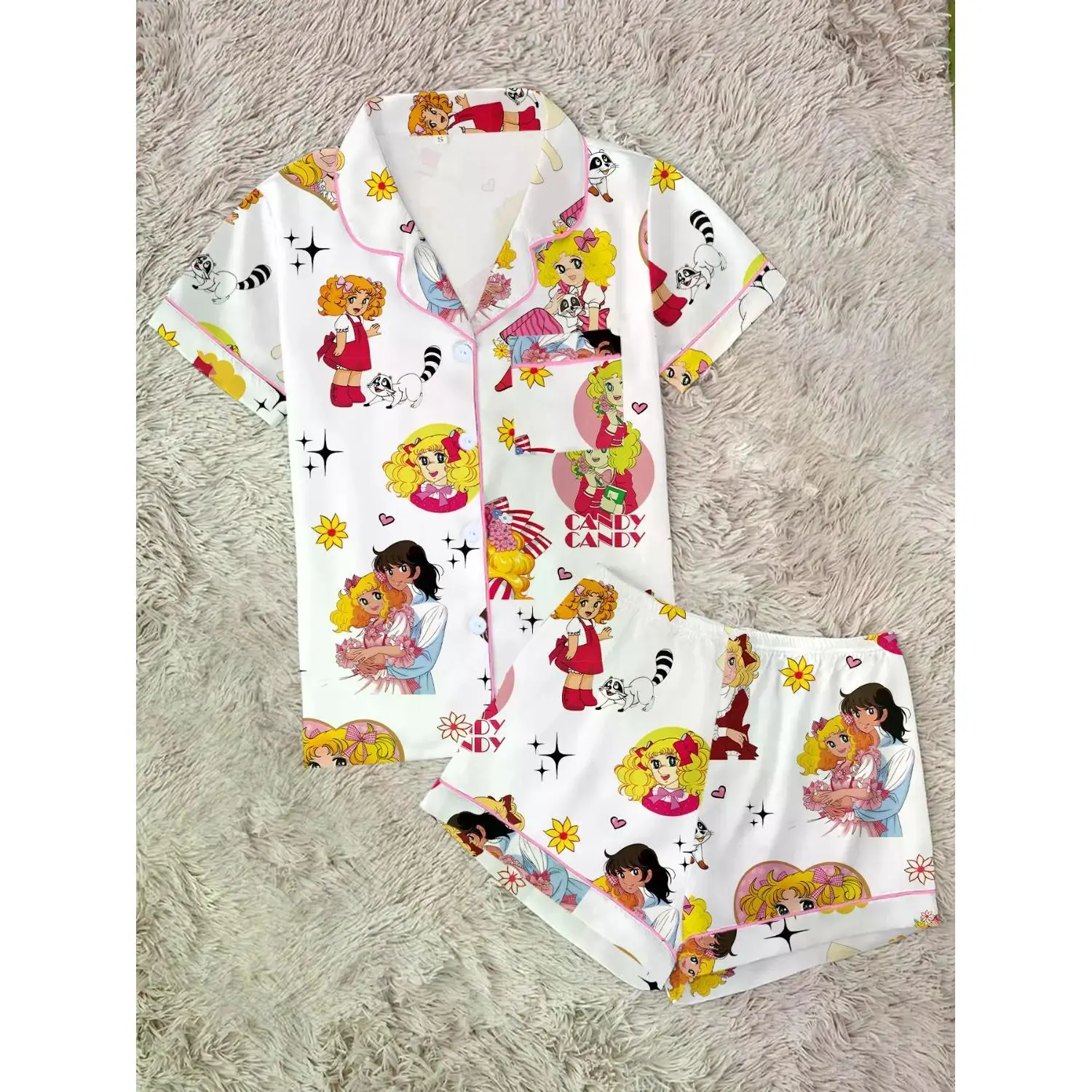 Women's Vintage Candy Cartoon Sleepwear Set - Adorable 2-Piece Short Sleeve Pajamas, All-Season Loungewear, Ideal Gift Cute Pajama Sets Casual Nightwear