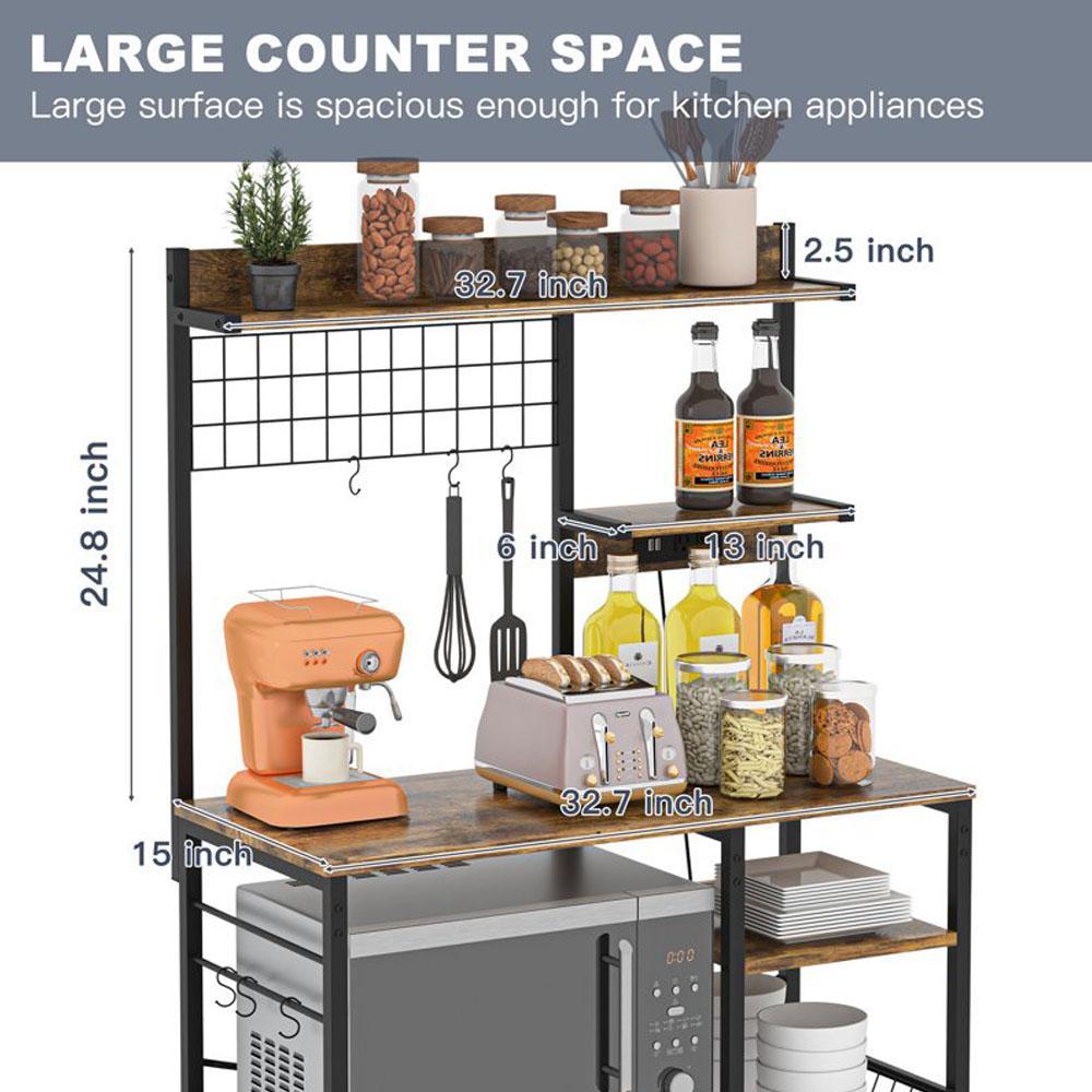 Spaco Kitchen Storage Organizer Rack with Power Outlet - Multipurpose Baker's Rack, Microwave Stand & Coffee Bar Station with Shelves, Heavy Duty Metal Shelf for Kitchen Organization