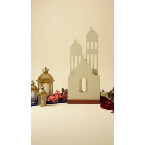 Modern White Mosque Silhouette Decor with Wooden Base – Ramadan & Eid Table Accent