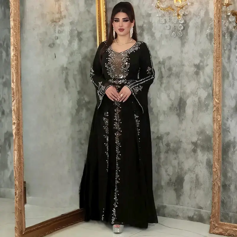Women's Elegant Black Abaya, Kimono Style Open Front Caftan with Full Sleeves, Floor-Length Modest Party Wear Dress, Open Abaya, Full Sleeves, Graceful Drape, Modesty