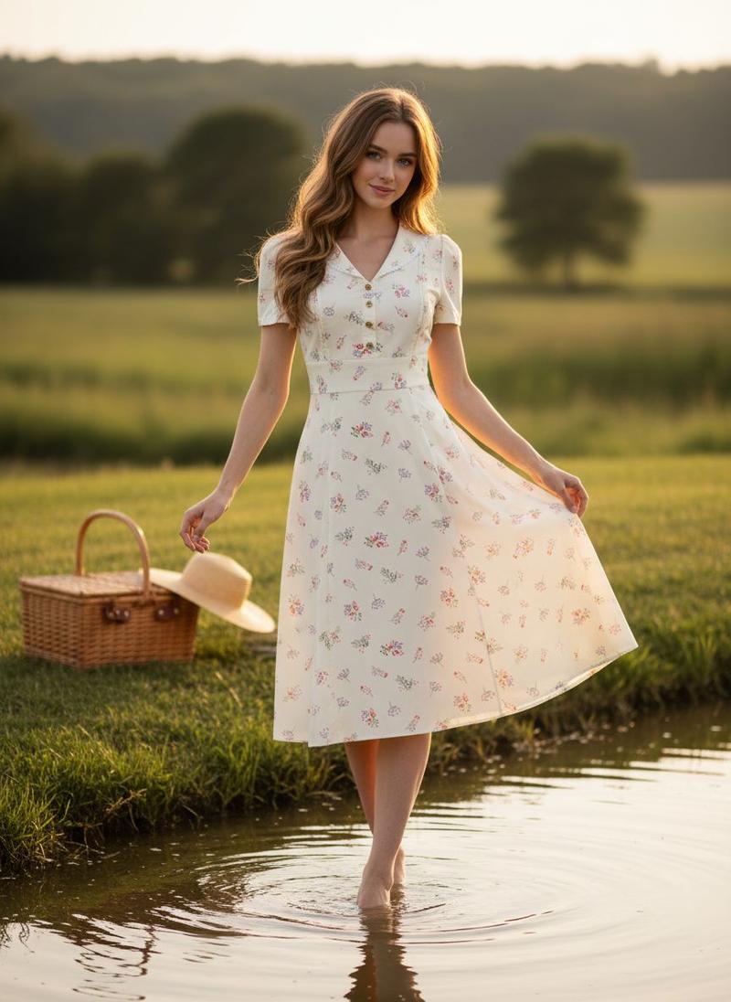 PURE COTTON BEIGE 1940S PUFF SLEEVES FLORAL DRESS Casual Womenswear Cute Summer Fitted Vneck Shortsleeve