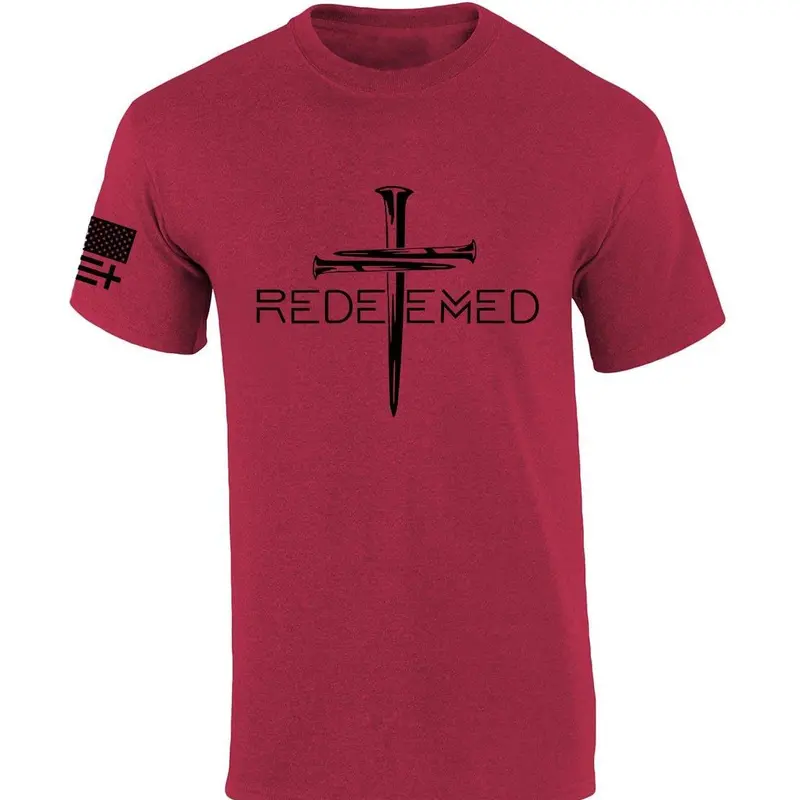 Trenz Shirt Company Men's Cotton Breathable Short-Sleeve T-Shirt - Redeemed Christian Cross Nails Graphic, American Flag Sleeve, Faith-Based Patriotic Top for Daily Wear & Church