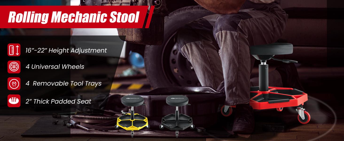 COSTWAY Garage Stool, Rolling Mechanic Stool with 16”-22” Adjustable Height, Universal Wheels, Removable Magnetic Tool Tray, 2” Thick Padded Cushion, 330LBS Capacity, Roller Creeper Seat, Shop Chair