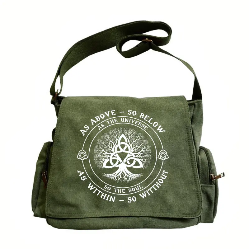 Women's Retro Crossbody Canvas Bag - Large-Capacity, Tree Motif with 3 Knots, Adjustable Shoulder Strap, Flip-Top Design, 2-Color Option, Philosophical Universe Text Print