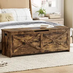 Retro Brown 47.2 in Storage Chest, Wooden Storage Bench with Safety Hinges, Easy Assembly, Large Shoe Bench for Entryway, Living Room, Bedroom