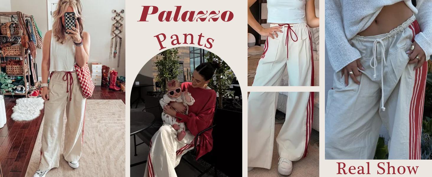 Tanming Womenswear Streetwear Stripe Straight Cut Barrel Leg Parachute Cargo Pants Y2K Elasticated Waistband Soft Wide Leg Pants with Pockets Casual Sweatpants for Hyrox