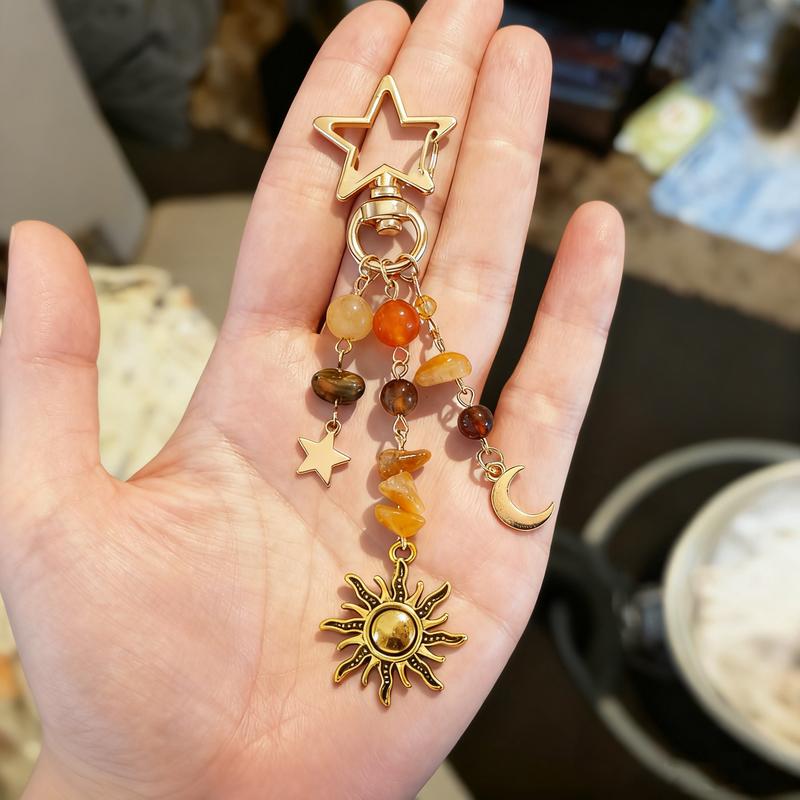 Sun and Moon Design Keychain Colorful Star Beads Key Chain Gemstone Charm, Y2K Aesthetic Boho Hippie Purse Charm for Women,Men, Handbag & Backpack Decoration, Christmas Gifts