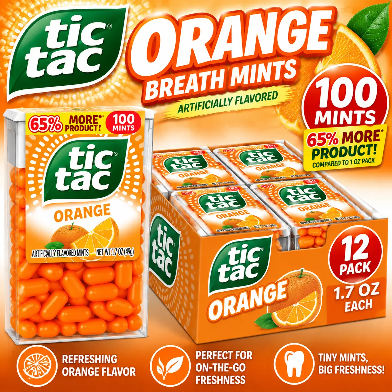 Tic Tac Orange Breath Mints 1.7 oz 12 Pack  White Orange Mints | Pocket-Size Fresh Breath Candy for Everyday Use