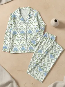 Women's Blue & Green Hydrangea Satin Pajama Set Short Sleeve Button-Up Floral Sleepwear Soft Loungewear Gift for Spring Summer Fall Breathable Premium Latin Satin Fabric - Womenswear