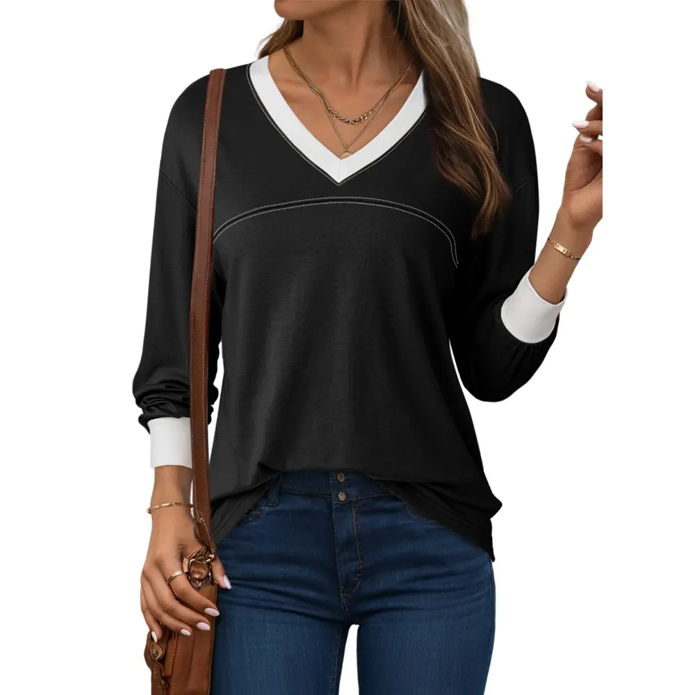 Dokotoo V Neck Long Sleeve T Shirts for Women Color Block Casual Tops | Knit Tops Basic Tees, Plus Size Tops S-3XL, Work Officewear, Comfy Sweatshirt, Fall Fashion 2026 Winter Layer Clothes