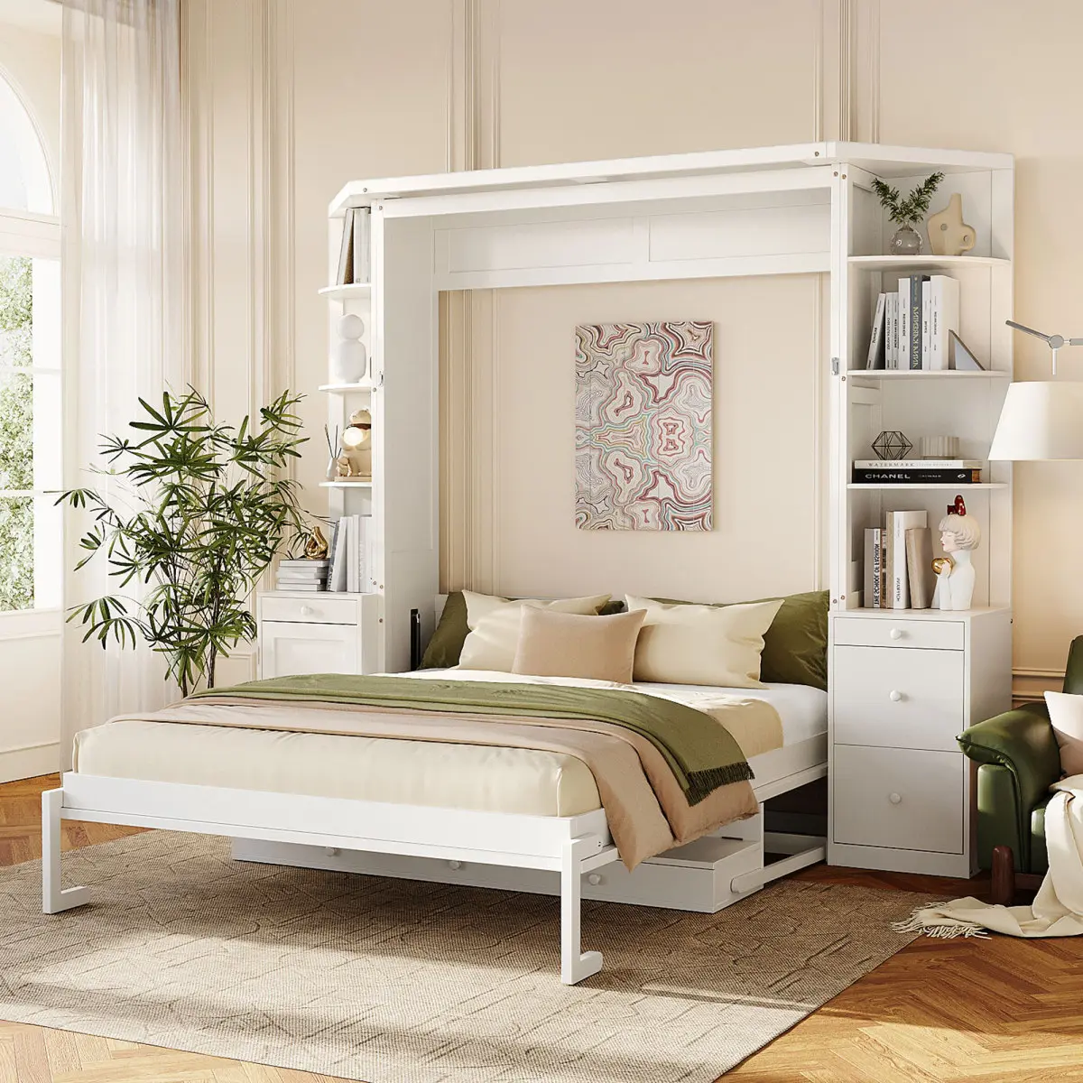 [Bellemave] Queen Murphy Bed with Desk, Storage Shelves and Cabinets, Hidden Wall Bed for Space-Saving Home Office