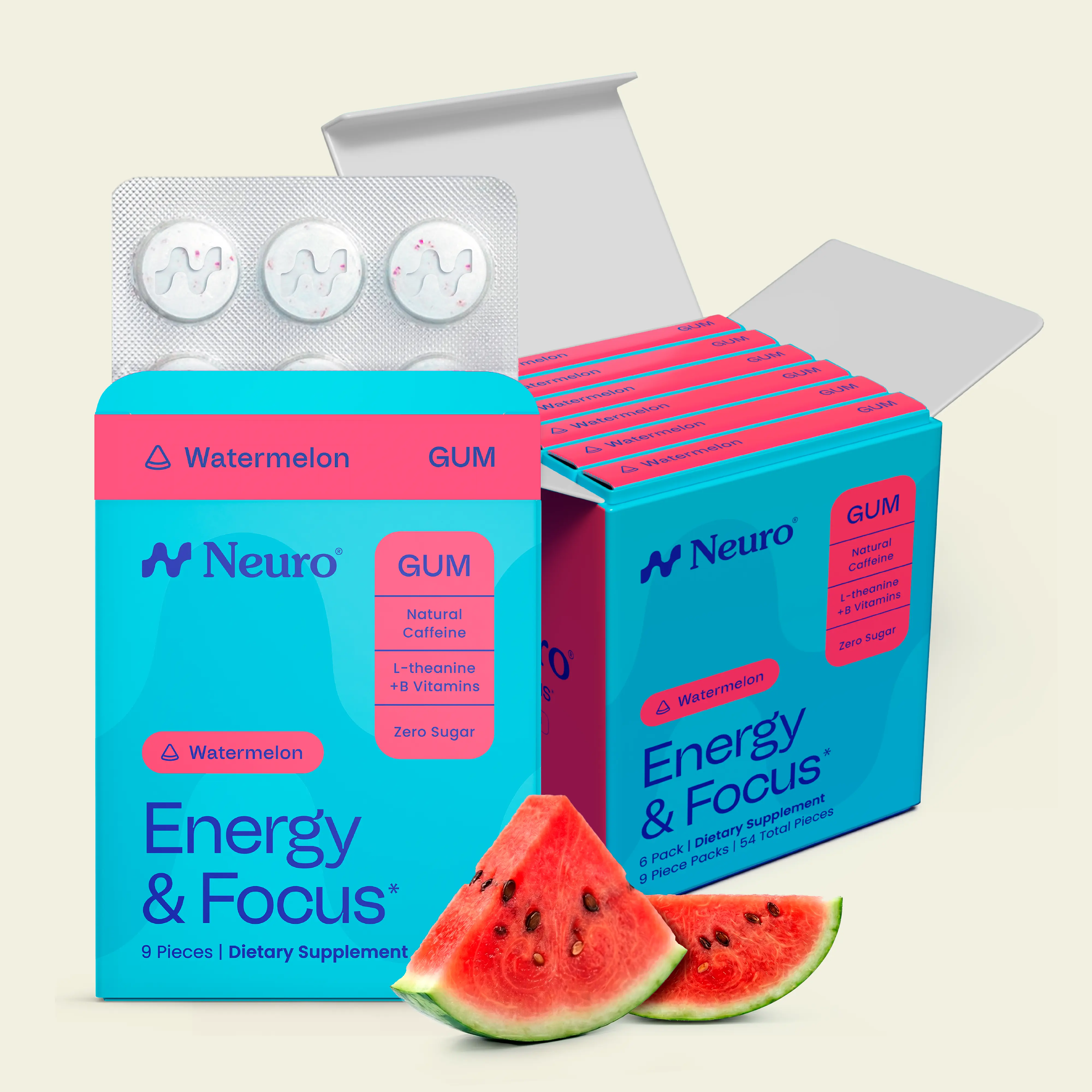 Neuro Watermelon Energy & Focus Gum (54 Pieces) - Sugar Free with Natural Caffeine, L-Theanine, Vitamin B12 & B6 | No Jitters, No Crash