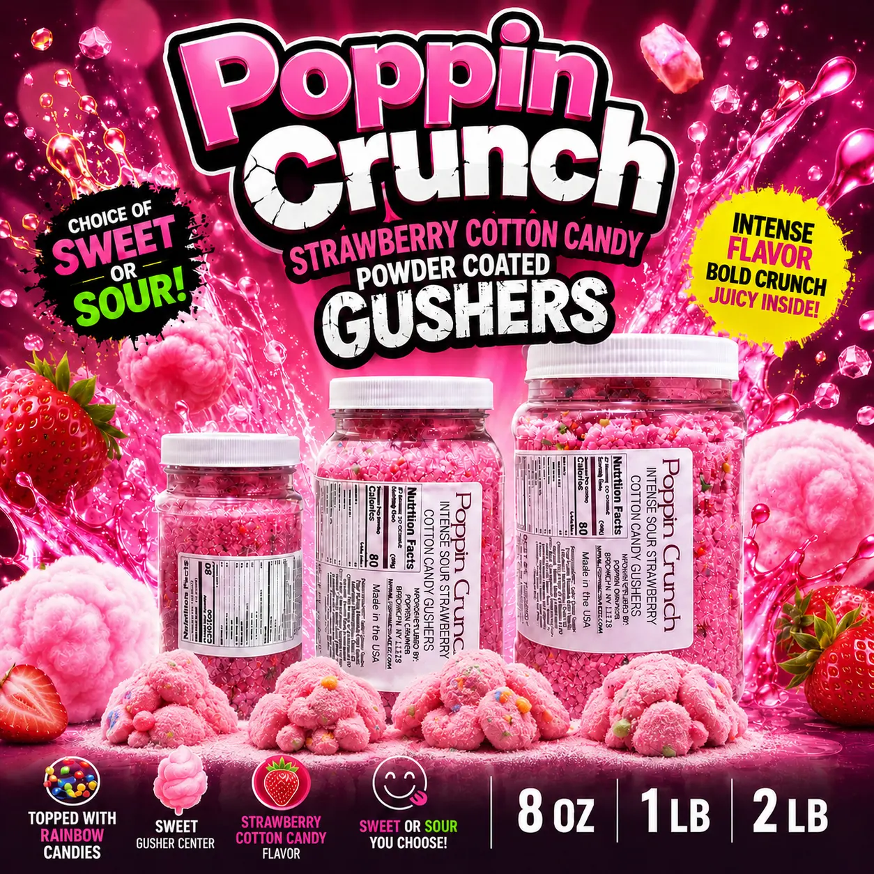 Poppin Crunch Intense Strawberry Cotton Candy Gushers - Choice of Sweet or Sour