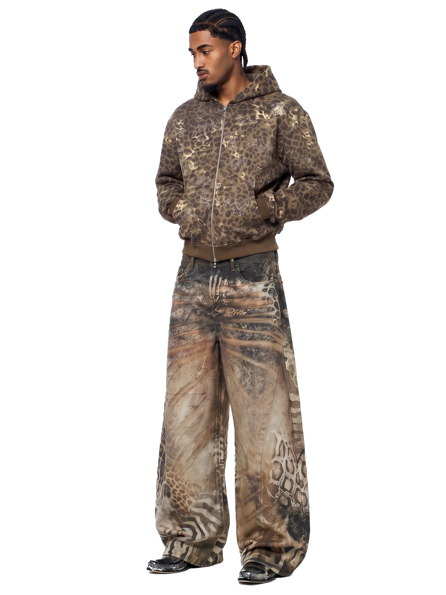 FDR 100% Cotton Unisex Baggy Leopard Print Jeans, Retro Animal Print Wide Leg Denim Pants, Relaxed Fit Vintage Streetwear, Soft Washed Denim with Pockets for Everyday Casual Wear and Skate Style, Fashion Apparel, Clothes, Baggy Jeans, Graphic Clothing, St