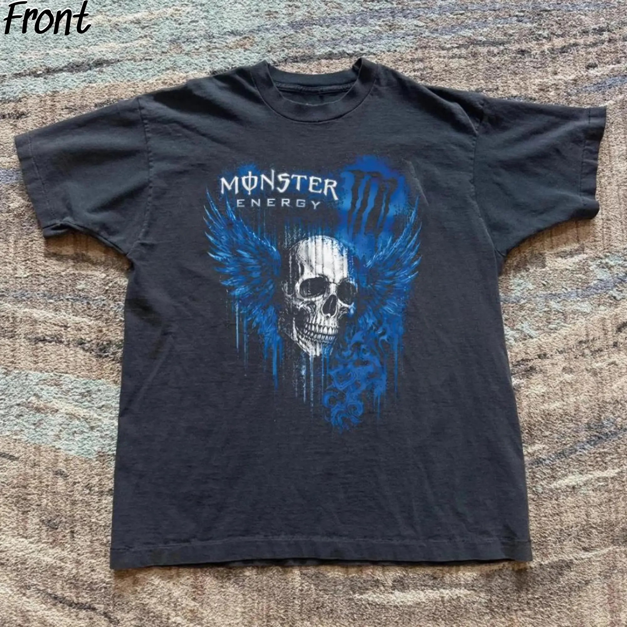 Vintage Monster Energy Winged Skull with Blue Accents Graphic Tee, Monster Energy Merch, Unleash The Beast, Y2K Grunge Gothic Tees, Y2K Emo Scene Amity Affliction Style, 100% Cotton Lightweight Shortsleeve