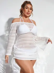 Swim Curve Plus Size Women's Vacation Off-Shoulder Long Sleeve Hollow Out See-Through Side Drawstring Cover-Up Dress Summer