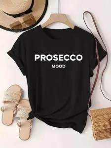 100% Cotton Women's Prosecco Mood T-Shirt - Short Sleeve Crew Neck Top Suitable for Spring & Summer, Casual Blouse for Casual Attire & Prosecco Tasting Events, Machine Washable Comfortable Tee