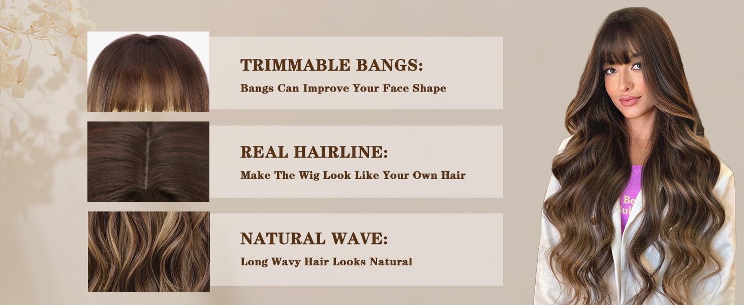 AISI HAIR Wig with Bangs Long Wavy Wig with Dark Roots Ombre Natural Curly Synthetic Resistant Fiber wigs for beginners Daily Party Use