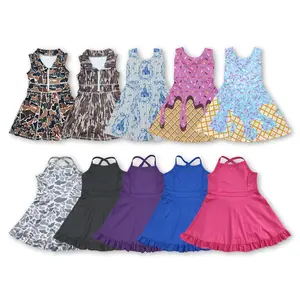Solid prints children athletic dress built in shorts kids girls summer activewear dresses