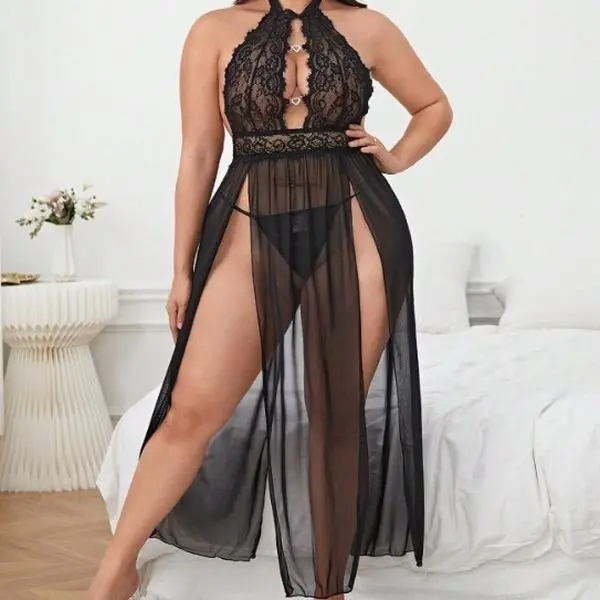 Women's Halter Embroidered Lace Lingerie Maxi Nightgown - Heart Rhinestone Buckle, Hollow-Out Mesh, Double Slit, Easy-Access Seductive Intimate Sleepwear