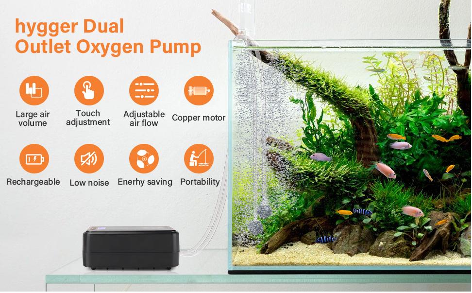 hygger Aquarium Bubble Tube Aquarium Air Pump, Rechargeable Portable Oxygen Pump with Single/Dual Outlets, Ultra Quiet Battery Powered Air Bubbler for Fish Tank up to 200 Gallon
