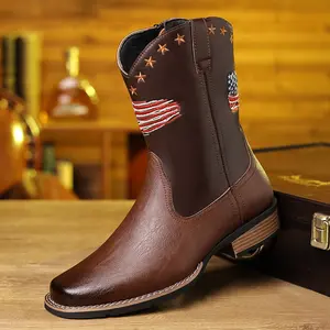 Men’s Western cowboy boots made from faux leather, featuring embroidered flag and star patterns, a side zipper design, non-slip rubber soles, and a breathable vintage style. Suitable for everyday wear, horse racing, motorcycle riding, and holiday casual o