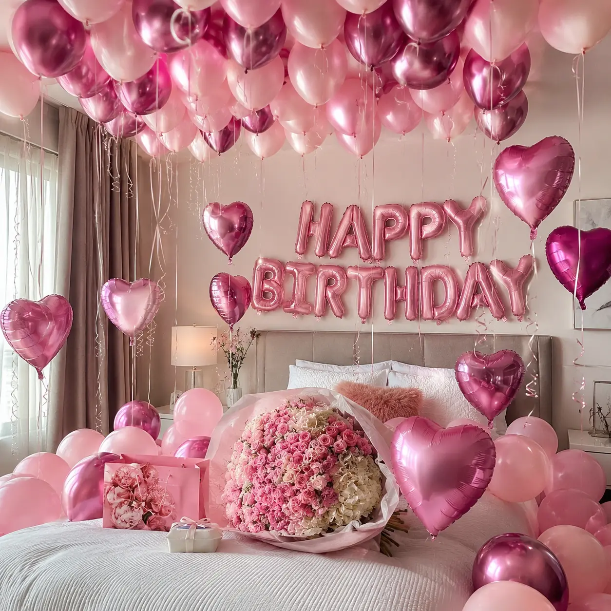 49PCS Pink Birthday Balloons Set, Happy Birthday Foil Balloons, Pink Heart Balloons, Rose Gold Latex Balloons, Pink Balloon Decorations for Girls Women Kids Adults Birthday Party Room Decor