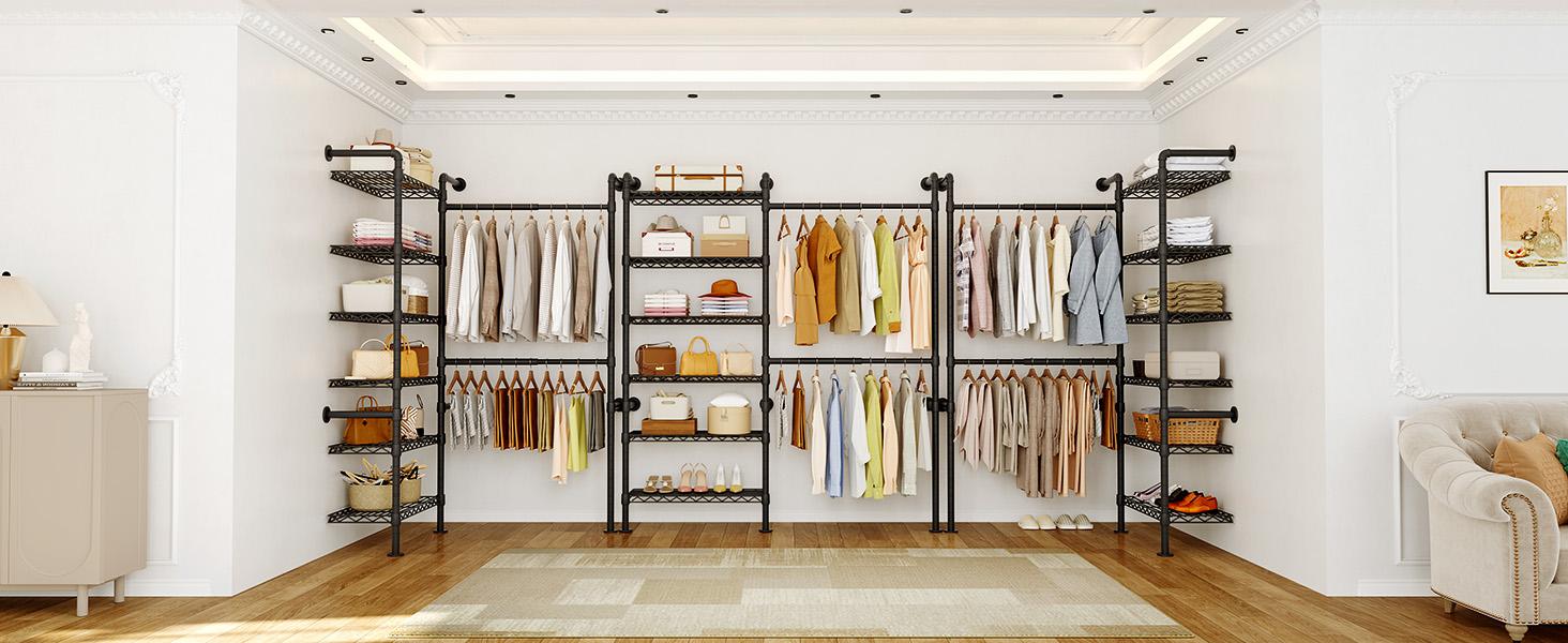 【SPOTLIGHT DAY & MAX 900 LBS】ONBRILL Expandable(18.3-34.6") Wall Mounted Closet System, Industrial Pipe Clothing Rack, Clothes Rack Garment Racks Wardrobe Racks for Hanging Clothes, Heavy Duty Closet Organizers for Livingroom Bedroom Furniture