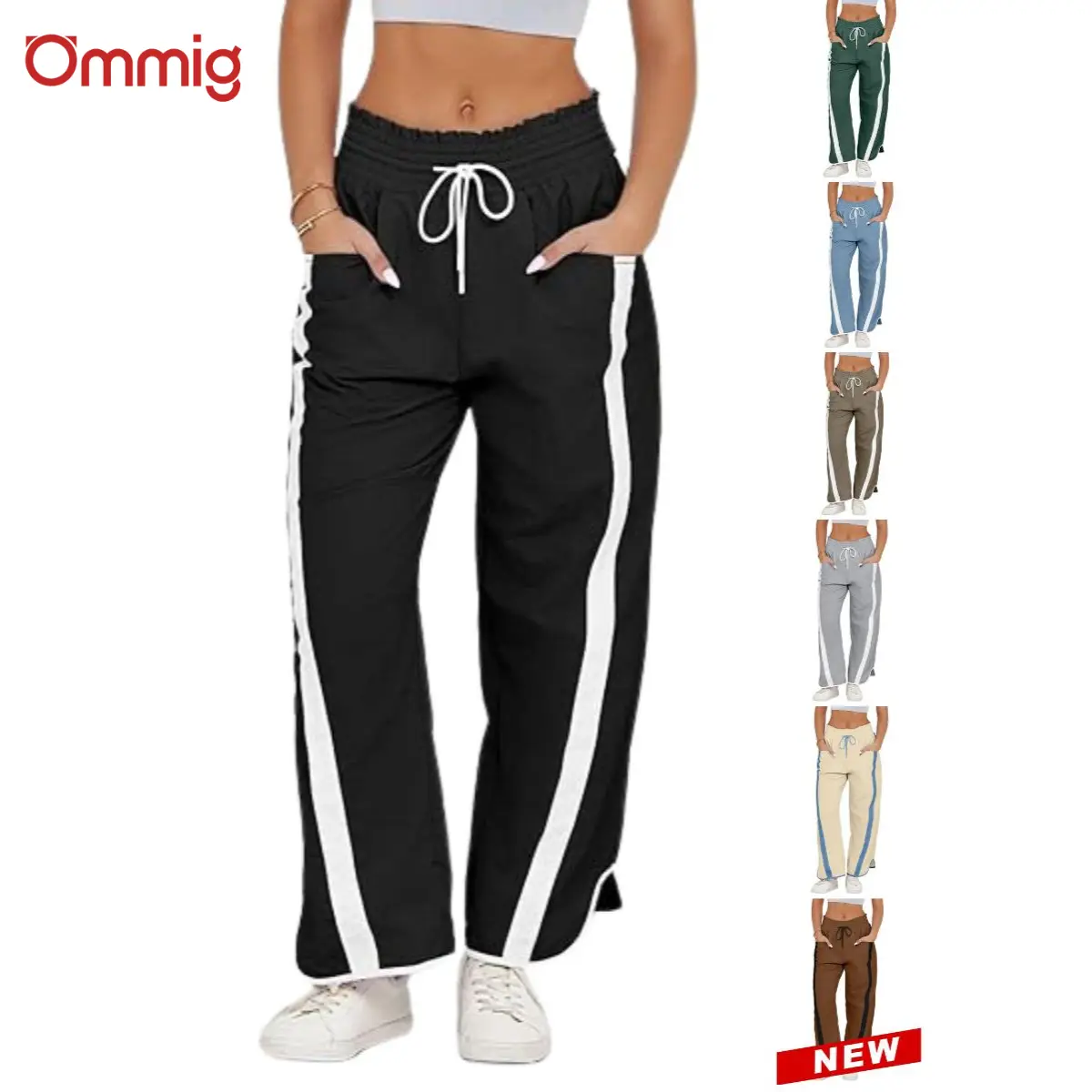 Ommig Women's Baggy Wide Leg Pants Casual Drawstring Elastic Waist Contrast Color Workout Y2K Track Pants 90% Nylon 10% Spandex Modern Fit Versatile Use