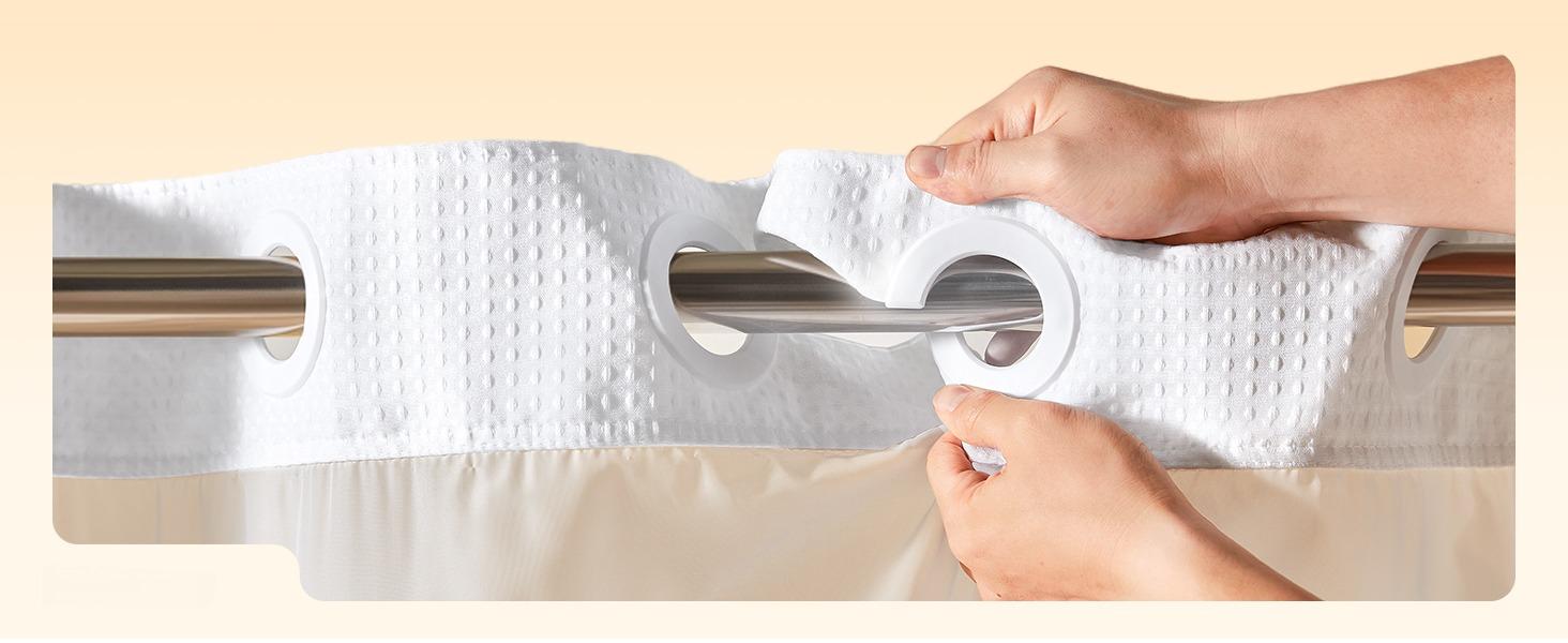 【2026】71W x 75H Heavyweight No Hooks Required Dotted Waffle Weave Shower Curtain with Snap in Liner，Bathroom Curtains Shower Set,Hotel Grade,Spa Like Bath Curtain,White