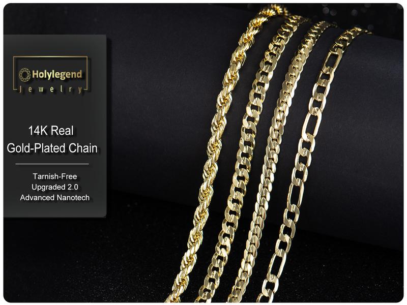 Holylegend 14K Real Gold-Plated Rope,Miami, Figaro,Cuban Necklace Chain 24 Inches Long,Tarnish-Free, 8mm/10mm Width, Secure Clasp