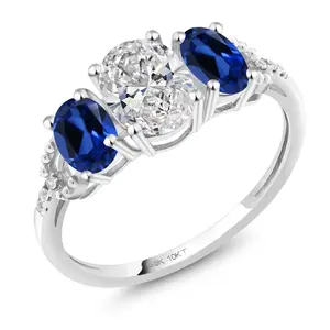 Gem Stone King 2.22 Cttw 10K White Gold IGI Certified Lab Grown Diamond and Blue Created Sapphire 3-Stone Engagement Ring | Center Oval Diamond 1.00 Ct | D-E Color | VS1-VS2 Clarity | Size 5,6,7,8,9