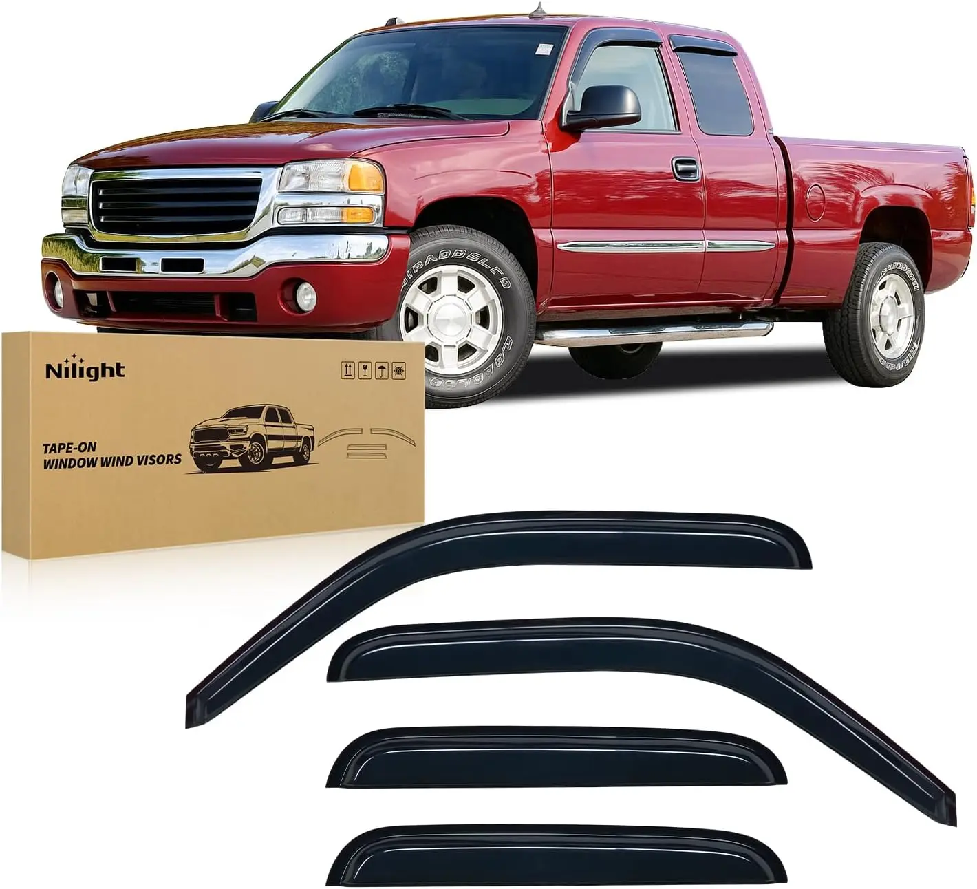 Nilight Automotive Side Window Visors - 4PCS Out-Channel Tape-On Rain Guards for Chevy Silverado/GMC Sierra 1500/2500/3500/2500HD Extended Cab 1999-2006, Car Exterior Accessories with Weather Protection, Wind Noise Cut
