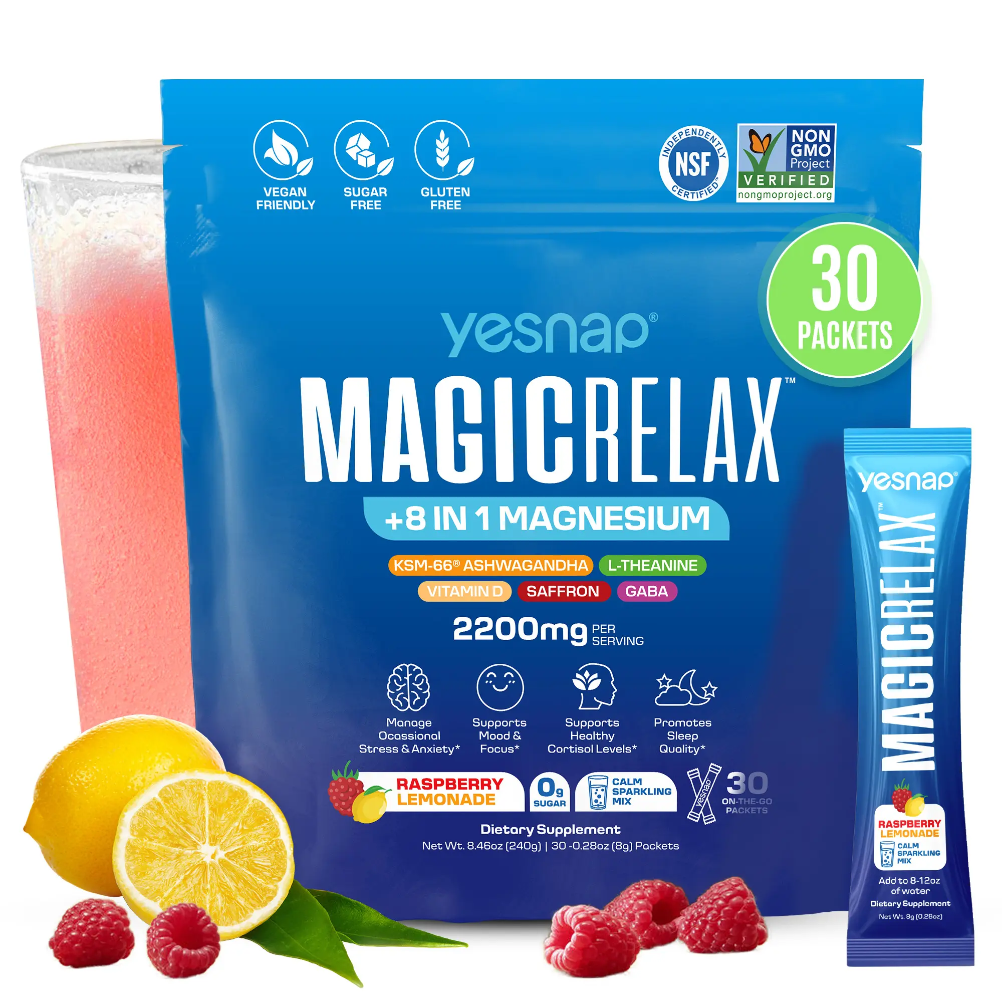 Yesnap MAGICRELAX Edible Healthcare Dietary Supplement, 8-in-1 Magnesium Boost Mix with KSM-66 Ashwagandha, Saffron, Vitamin D3, GABA & L-Theanine, Supports Cortisol Balance, Mood & Sleep, 30 Servings, No Sugar, Non GMO, Raspberry Lemonade Flavor, Sugar-F