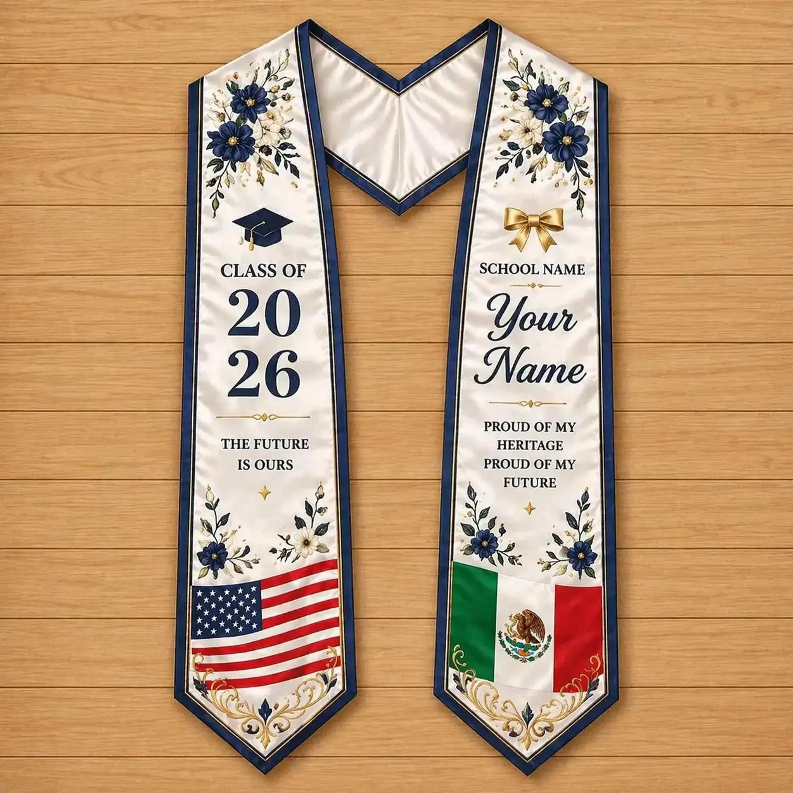 Mexican American Graduation Stole 2026 – Dual Flag Sash & Personalized Name School Printed & Cultural Heritage Class of 2026 Gift