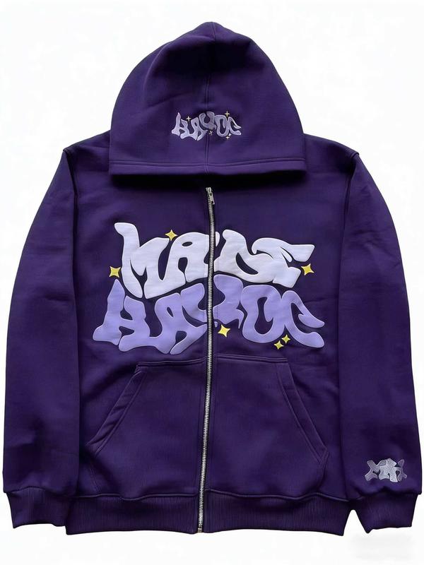 Men, women, versatile for daily use，Retro Star And Letter Printed Zipper Hoodies，Spring Autumn Harajuku Y2K Women And Men Fashion Hip Hop Long Sleeve Hooded  Avant-Garde - Street Casual    Spring/Fall    Loose    Zipper  Pocket  Patched