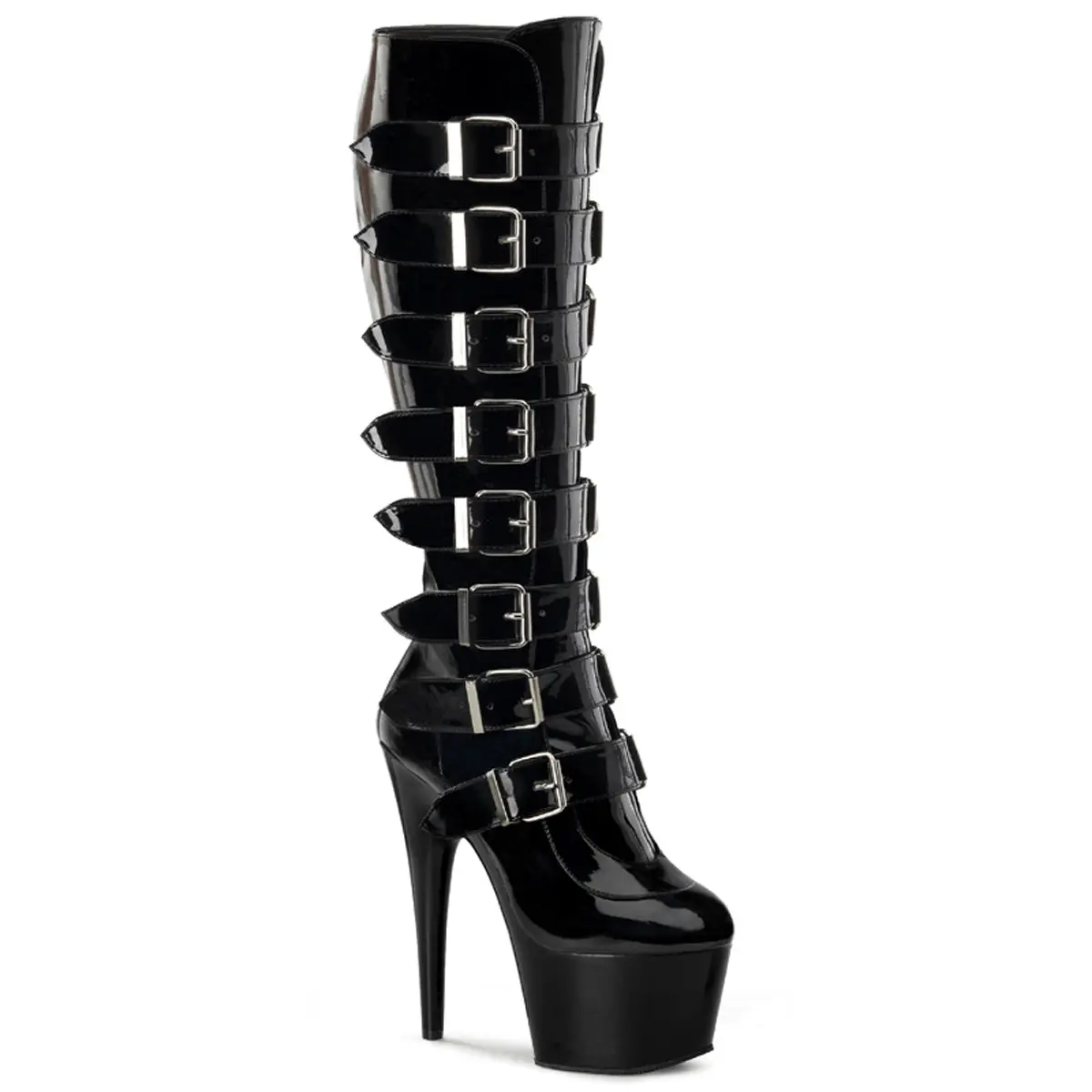Pleaser Adore-2043 Women's Classic Stiletto Knee Boots with 7" Heel, Platform, and Bold Buckled Embellishments, Fashion Footwear