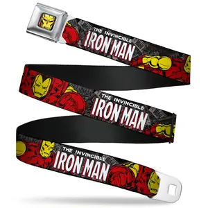 Marvel Comics Iron Man Face Full - The Invincible Iron Man Stacked Comic Books/Action Poses Webbing Seatbelt Belt
