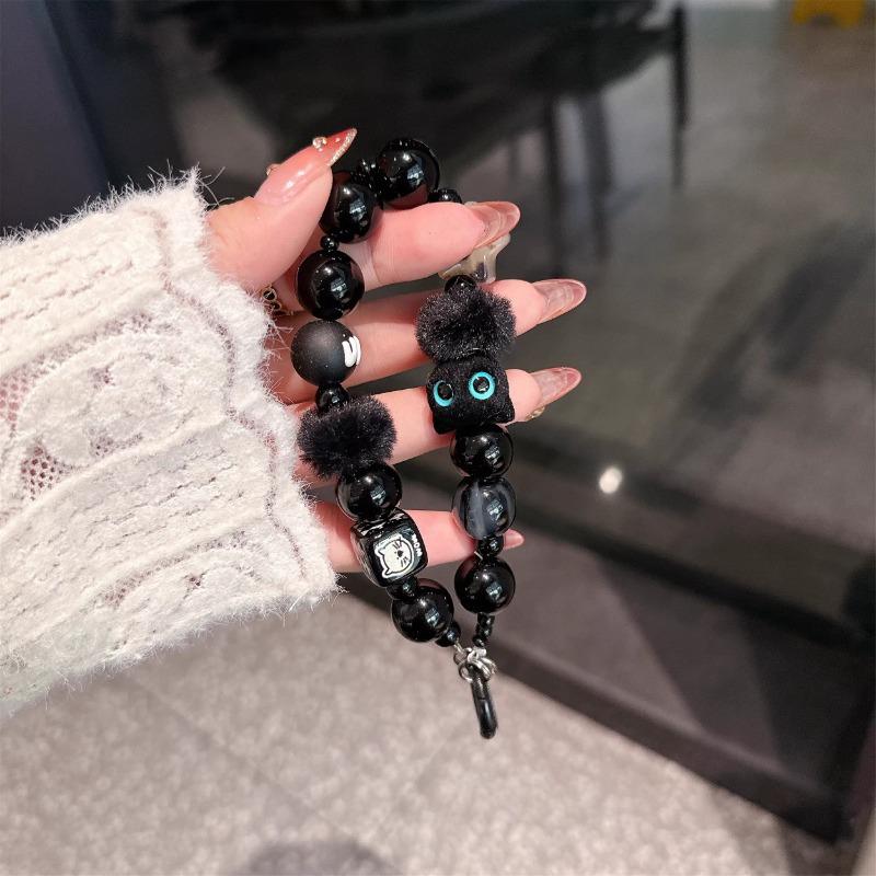 2026 Premium Black Plush Cat Phone Charm Portable Beaded Wristlet Chain For Outings Car Keychain And Bag Accessory With Adorable Cat Design Trendy All-Match Birthday Gift Party
