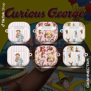 Curious George Cute Monkey AirPods Case, Pink Stripe Protective Cover for AirPods 1/2/3/Pro