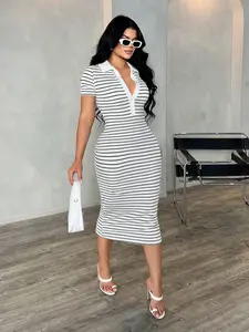 USBOUTIQUE CHIC Women's 2026 Spring Striped Bodycon Dress Stretchy Long Sleeve Button Down Midi Dress