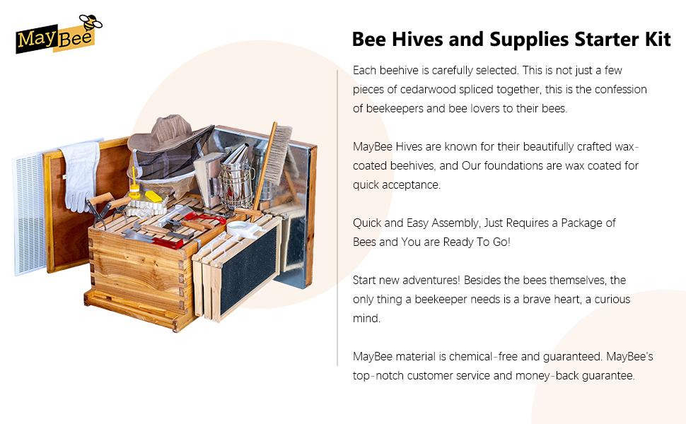 MayBee Hives 8/10 Frame Bee Hive Complete  Starter Kit Include 22 pcs Bee Hive Tools for Beginners Pro Beekeepers Beekeeping ,Wax Coated Langstroth Bee Box with 100% Beeswax Plastic Foundation,22 Bee Equipment :Wood Brush Safety Beekeeping Equipment