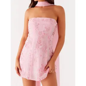 Womens Sequin Beaded Mini Dress with Scarf Y2k Strapless Sparkle Short Dresses Summer Club Party Glitter Dress