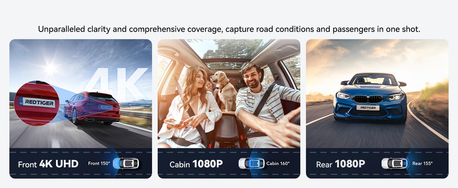 REDTIGER F17 4K 3-Channel Dash Cam with 5GHz WiFi GPS, 64GB Card, 2160P+1080P+1080P Cameras, IR Night Vision, Parking Mode, Fathers Day Gift