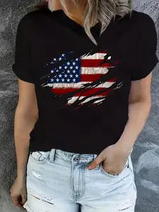 American Flag Printed T-Shirt, Short-Sleeve Round Neck Casual Top for Independence Day, Suitable for Summer And Spring, Women'S Clothing