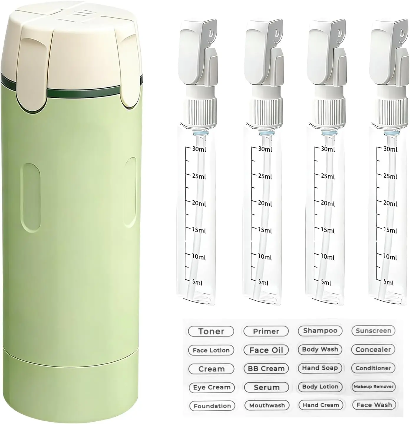 TSA Approved 4-in-1 Leak-Proof Refillable Travel Bottles, Cosmetic Toiletry Organizer with Label Stickers for Shampoo, Lotion, Compact Space-Saving Dispenser