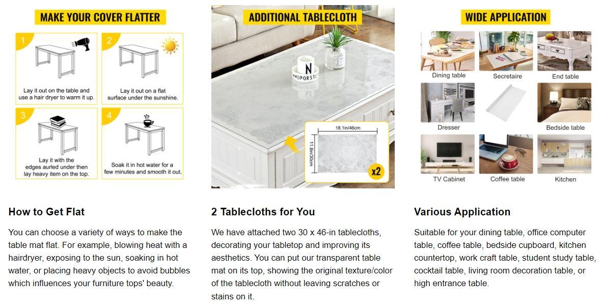 VEVOR Plastic Table Cover, TikTokShopBlackFriday, 2 mm Thick Clear Table Protector, Rectangle Clear Desk Mat, Waterproof & Easy Cleaning for Office Dresser Night Stand