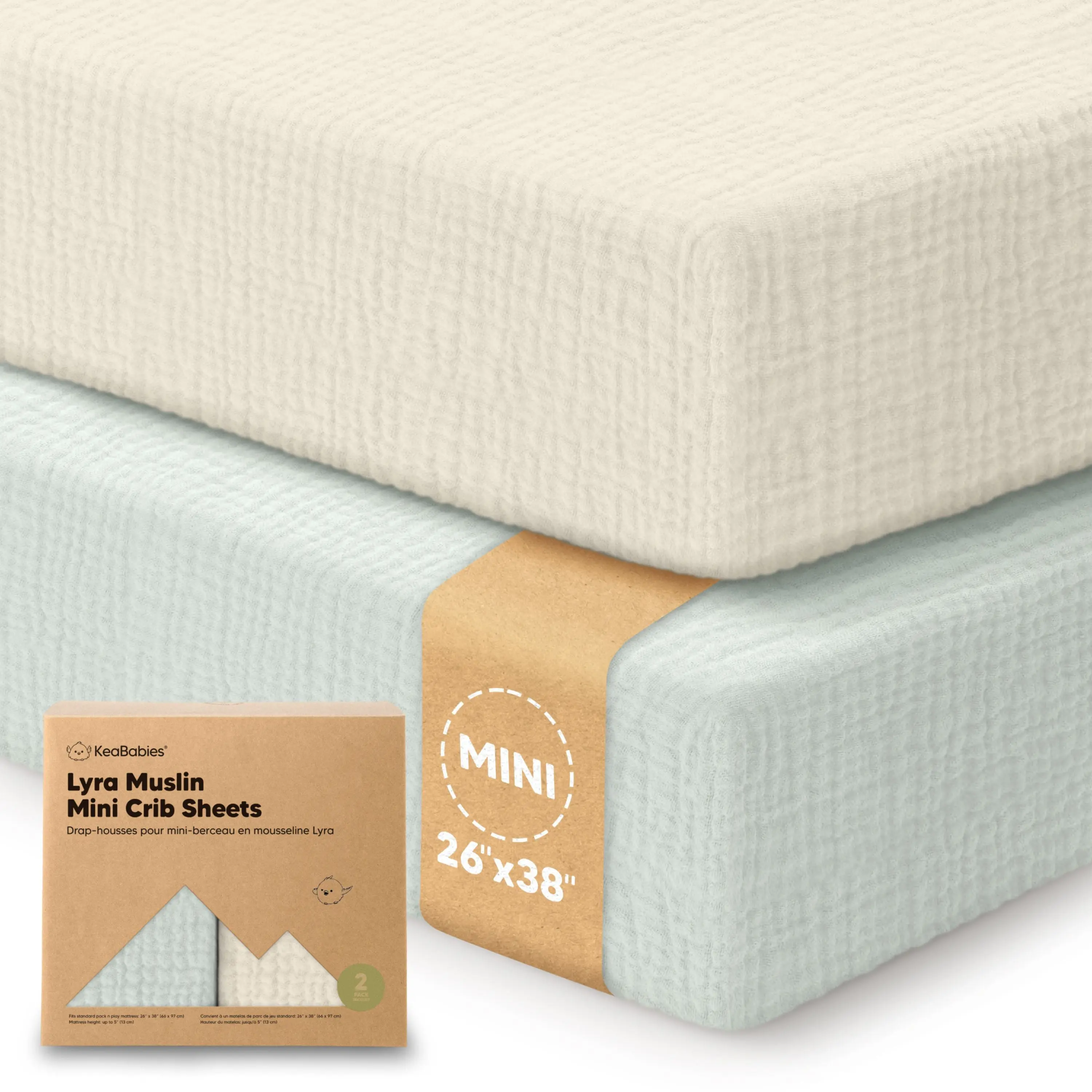 2-Pack Muslin Mini Crib Sheets for Boys, Girls - 38x26 Pack and Play Sheets Fitted, Organic Cotton, Compatible with Graco Pack N Play Mattress, Neutral Toddler Playard Bedding, Soft Breathable