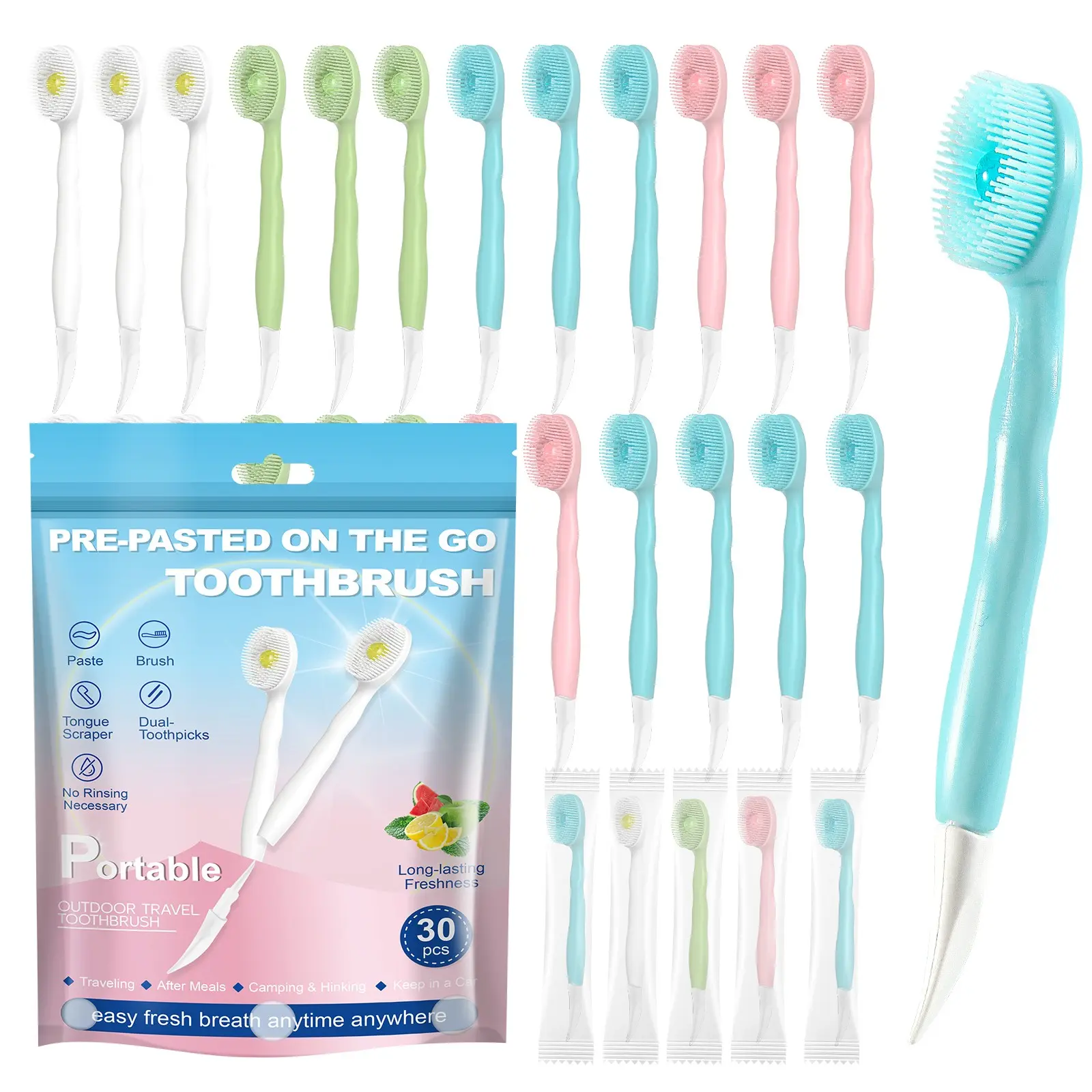 4-in-1 Disposable Oral Toothbrush Set, Toothpaste + Toothpicks + Tongue Scraper, Travel Size, Individually Wrapped, Soft Bristles, Portable Oral Care, Portable Teeth Cleaning for Work or Travel, On The Go Toothbrush Disposable
