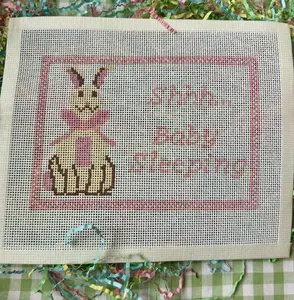 Baby Sleeping Hand-Painted Needlepoint Canvas | Shh Baby Sleeping Bunny Door Hanger